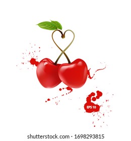 Red ripe cherry berries with a splash of juice. Realistic 3d isolated vector illustration