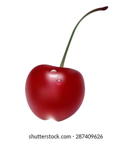 red ripe cherry with drops of dew on a white background