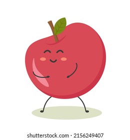 Red Ripe Fresh Cheerful Cute Kawaii Apple With A Twig And A Leaf