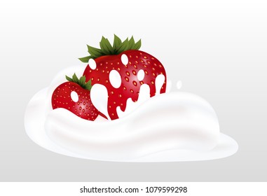 Red ripe fresh strawberries splashing into milk or yogurt. Vector illustration.
