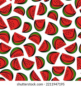 Red ripe juicy watermelon pieces seamless pattern. Summer fruits slices freehand background. Hand drawn simple ornament. Sketch, doodle style funny print. Organic natural vegan, healthy food wallpaper