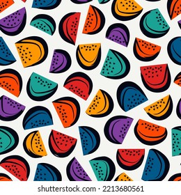 Red ripe juicy watermelon pieces seamless pattern. Summer fruits slices freehand background. Hand drawn simple ornament. Sketch, doodle style funny print. Organic natural vegan, healthy food wallpaper