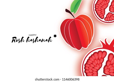 Red ripe pomegranate and apple. Jewish New Year, Rosh Hashanah Greeting card. Origami Honey Bee in paper cut style. Happy holiday in Hebrew. White background.