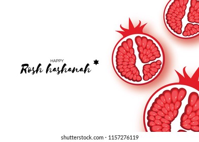 Red ripe pomegranate. Jewish New Year, Rosh Hashanah Greeting card in paper cut style. Happy holiday in Hebrew. White background.