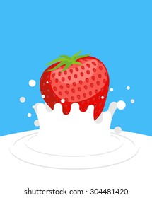 Red ripe strawberry drops in fresh milk on a blue background. Splashes of white milk. Vector illustration food.