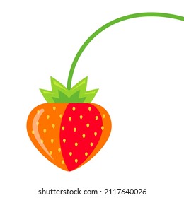 red ripe strawberry hanging on a green stalk. flat vector illustration.