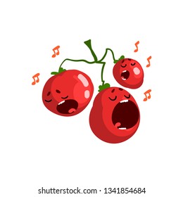 Red Ripe Sweet Tomatoes Singing Song, Cute Vegetables Characters with Funny Faces Vector Illustration