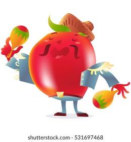 Red ripe tomato character in torero clothes singing and playing maracas, cartoon vector illustration isolated on white background. Tomato mascot in torero jacket, boots and big sombrero singing