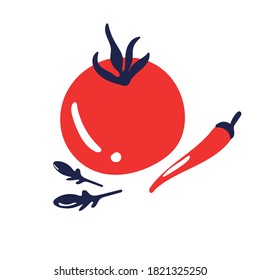 Red ripe tomato, chili pepper and arugula salad. Fresh ingredients. Vector illustration