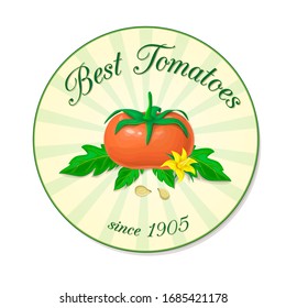 red ripe tomato composition with leaves. Vector round label illustration of tomato fruit with green leaves and yellow flower in retro style. realistic vegetable group for logo, label, product design.