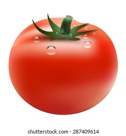 Red ripe tomato with drops of dew isolated on white background