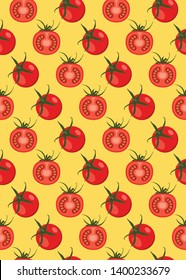 Red ripe tomato and half tomato slice seamless vector illustration in flat style