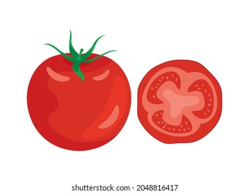 Red ripe tomato and slice icon set vector. Fresh red tomatoes icon set vector isolated on a white background
