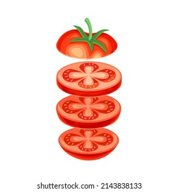 Red ripe tomato slices lying in vertical row. Healthy organic vegetable vector illustration