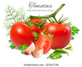 Tomates maduros vermelhos com ervas e alho. Ilustração vetorial