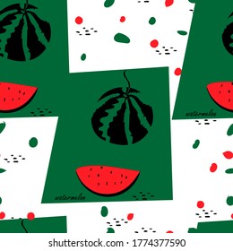 red ripe watermelon, a piece of watermelon, watermelon seeds.on a green background.seamless pattern.vector.