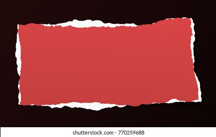 Red ripped blank note, notebook paper for text or message stuck with sticky tape on black background.