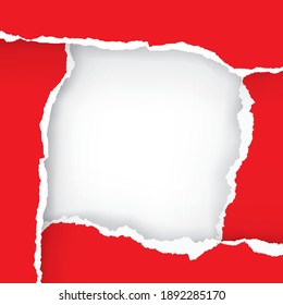 Red Ripped paper frame. 
lllustration of four torn paper stripes, square expressive background. Template for banner. Vector available.