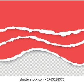 Las tiras rojas de papel son realistas. Papel roto sobre fondo transparente. Iluminación del vector horizontal sin soldadura