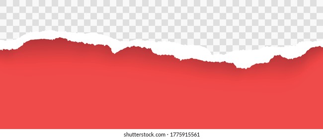 Red ripped paper strips realistic. Torn paper on transparent background. Seamless horizontally Vector illustaration