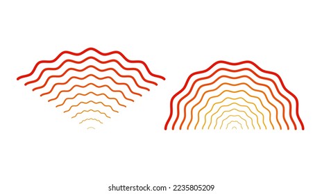 Rote Wellensignale mit Rippelaufschlag. Sonar oder schalldichte Linien. Konzepte von Epicenter, Target, Radar, Vibrationselementen. Funkpulsationssignal. 