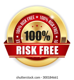 Red risk free badge with gold border and ribbon on white background