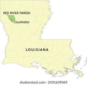 Ubicación de Red River Parish y de la ciudad de Coushatta en el mapa estatal de Luisiana