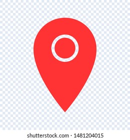 Red road navigation pin, vector icon of map marker on transparent background.