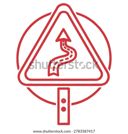A red road sign with a curve arrow pointing up on a post, indicating direction change ahead, isolated on white