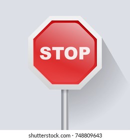 Red road sign with text Stop icon. Vector flat illustration 