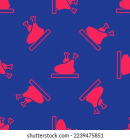 Red Roasted turkey or chicken icon isolated seamless pattern on blue background.  Vector