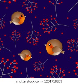 Red Robin Bird and Berry on Navy Blue Background. Vector Illustration.