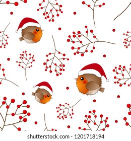 Red Robin Bird Santa Claus and Berry on White Background. Vector Illustration.