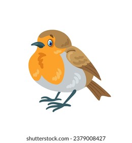 Roter Robin-Vogel sitzt mit einem gerissenen Blick. Im Cartoon-Stil. Einzeln auf weißem Hintergrund. Vektorflache Illustration.