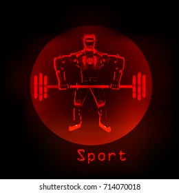 Red robot. Barbell. Logos or emblems. Vector. Black background.
Illustration can be used in the internet advertisements,
banners, websites, infographics. Sport.