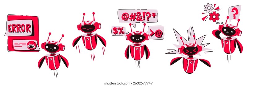 Red robot cartoon characters set - error messages, gears, speech bubbles with text symbols, question and exclamation marks. Angry broken robots flat illustration collection for failed chat bot concept