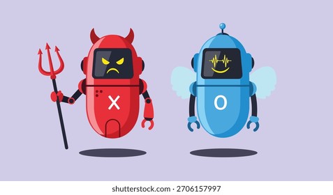Un robot rojo con cuernos del diablo y un tridente se para junto a un robot azul con un halo, que representa una dicotomía del bien y el mal.