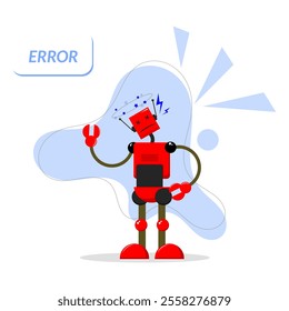 red robot. robot error, broken, disruption. system error. connection not connected. technology theme. network error. broken device. vector illustration. system problem. damage. robot character