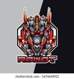 Roter Roboterkopf e Logo und Maskottspiel