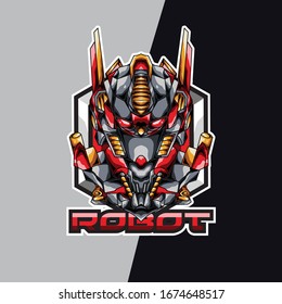 Red robot head e sport logo and mascot game