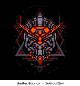 Red Robot Head Illustration for merchandise, apparel or other with geometry ornament