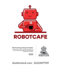 Red Robot holding a Coffee cup as a logo design template.