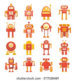 red robot icons set, cute cartoon robots
