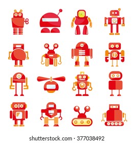 red robot icons set, cute cartoon robots