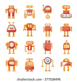red robot icons set, cute cartoon robots