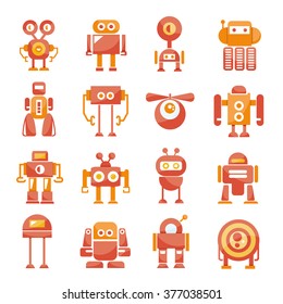 red robot icons set, cute cartoon robots
