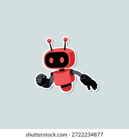 Mascota de robot rojo en una pose lista para atacar al personaje de la IA de la etiqueta engomada