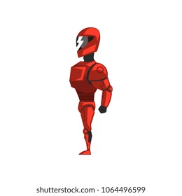 Red robot spacesuit, superhero, cyborg costume, side view vector Illustration on a white background