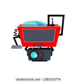 Red robotic device cartoon illustration. Smart gadget with projector and screen. Robotics concept. Vector illustration can be used for topics like robotic science, engineering, machine learning