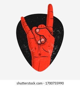 Red rock hand gesture coming out from black guitar pick silhouette. Rock'n'roll music concept for sticker or label or t-shirt or poster design template. Vintage styled vector illustration.